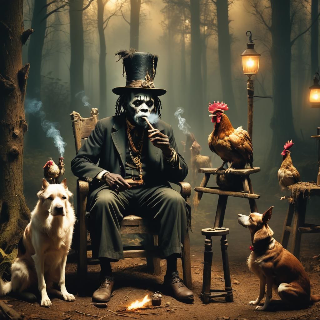 Papa Legba in Mystical Forest: Voodoo Folk Art