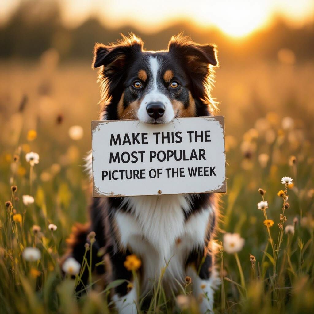 Border Collie Dog Holds 'Popular Picture' Sign in Golden Hou...