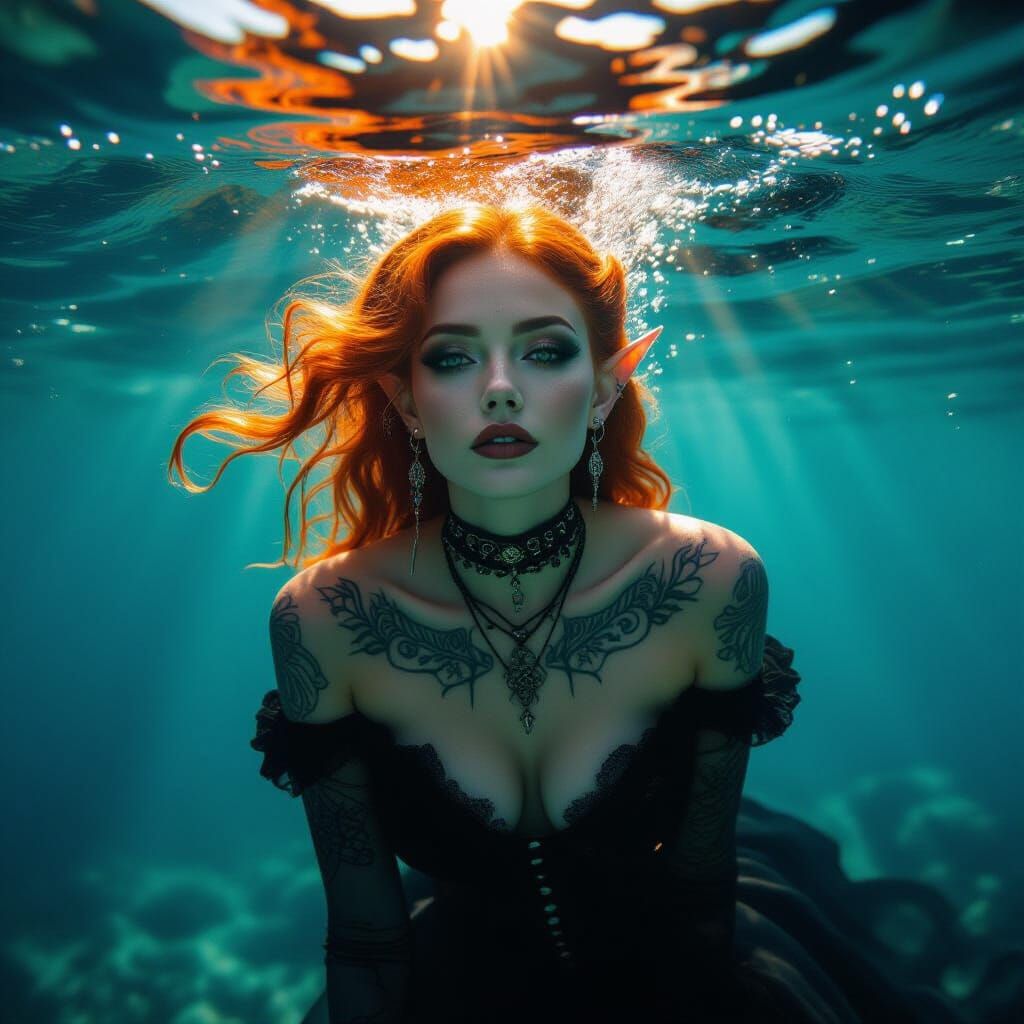 Gothic Woman Sinking in Ocean, Underwater Photography