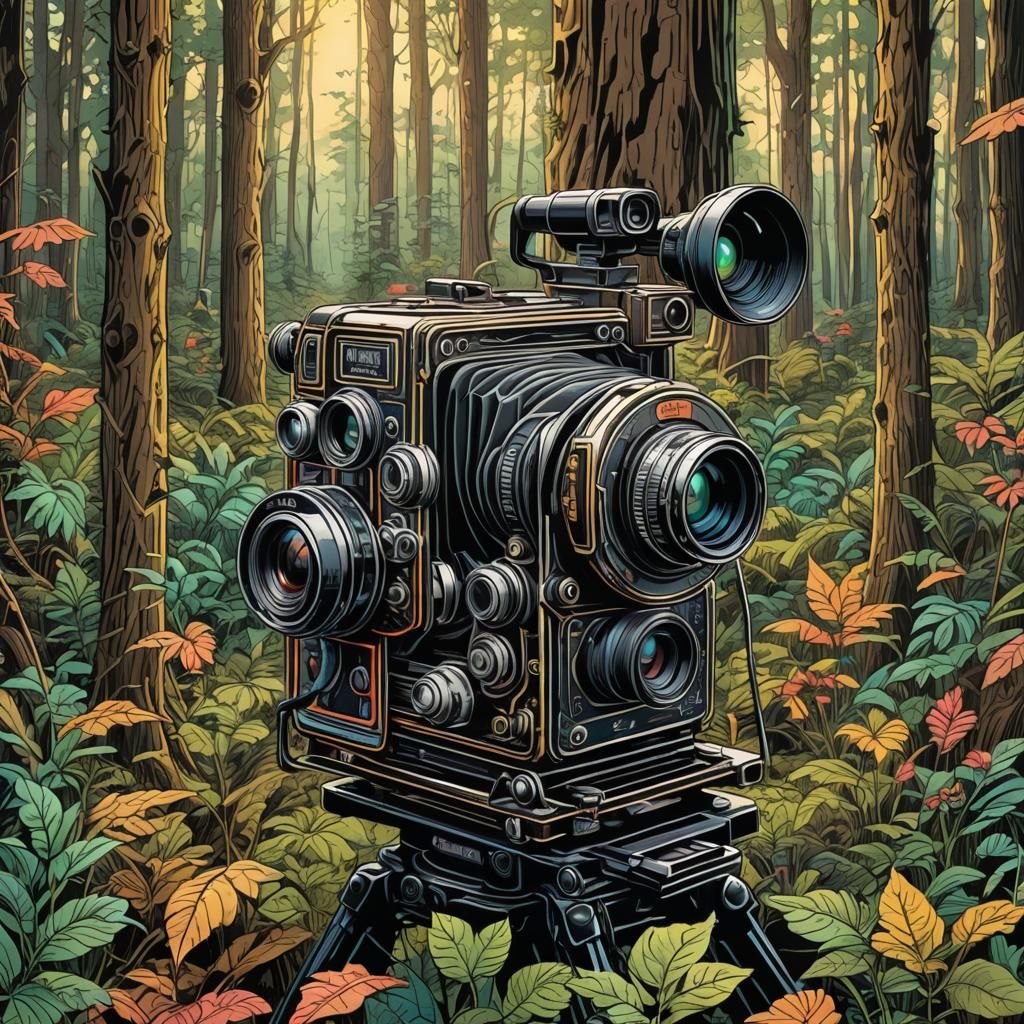 Old Video Camera in Forest, Comic Book Art