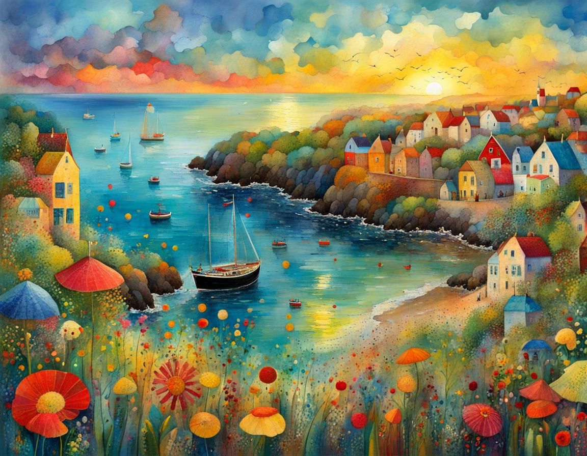 Seaside Sunrise in Whimsical Patchwork Illustration Style