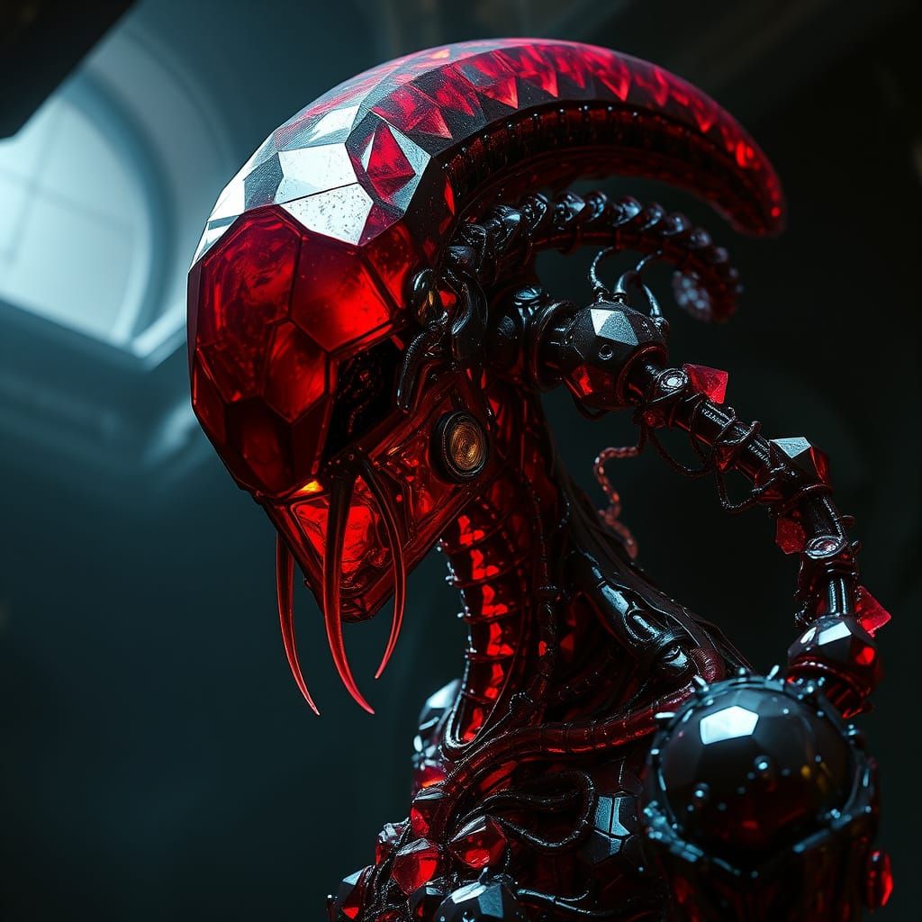 Crimson Crystal Alien in Dark Biomechanical Landscape