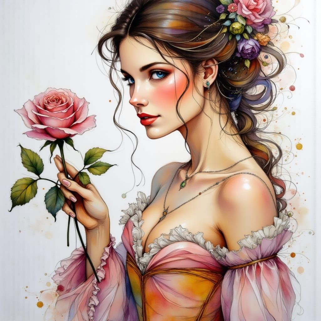 Hyper Detailed Belle With Rose in Pen and Ink Style