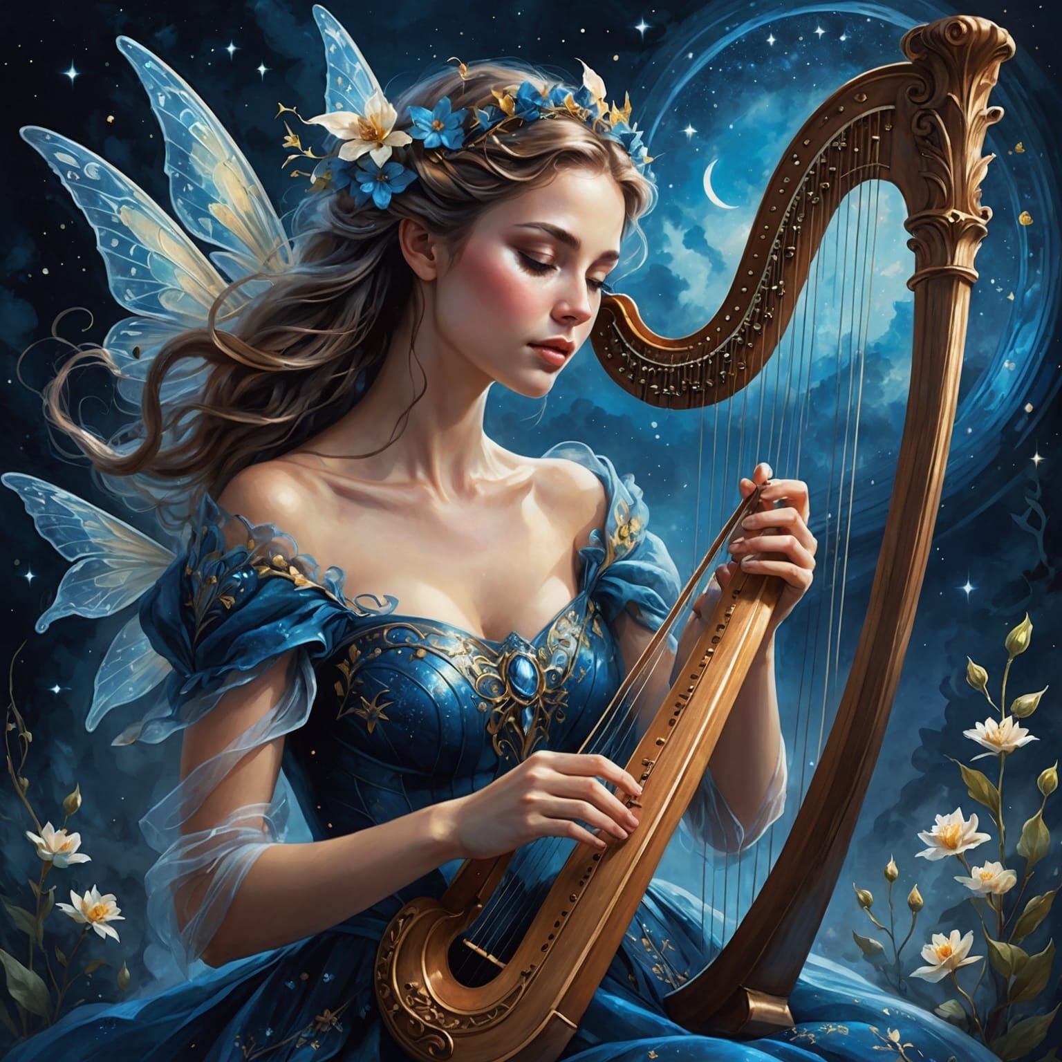 Fantasy Fairy Plays Harp in Starry Sky