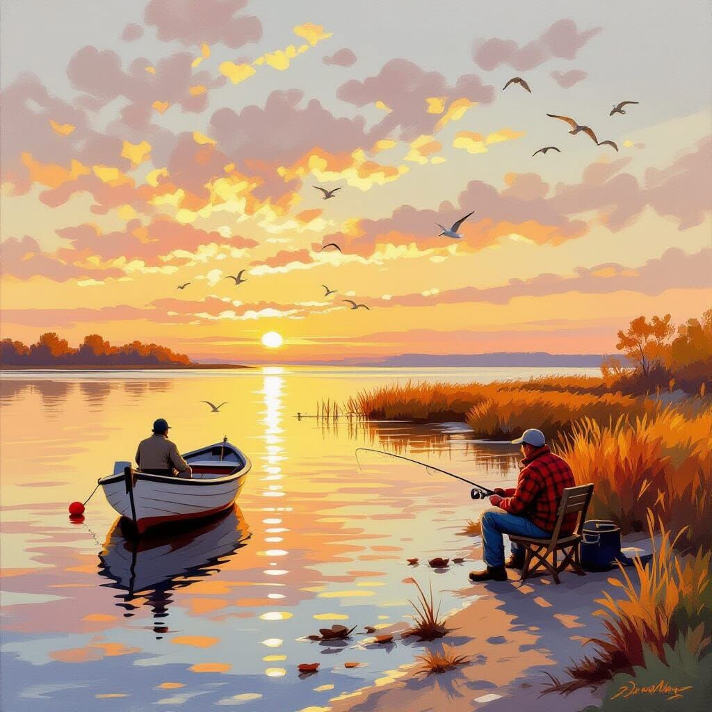 Impressionistic Fall Scene on Delaware Bay with Fisherman