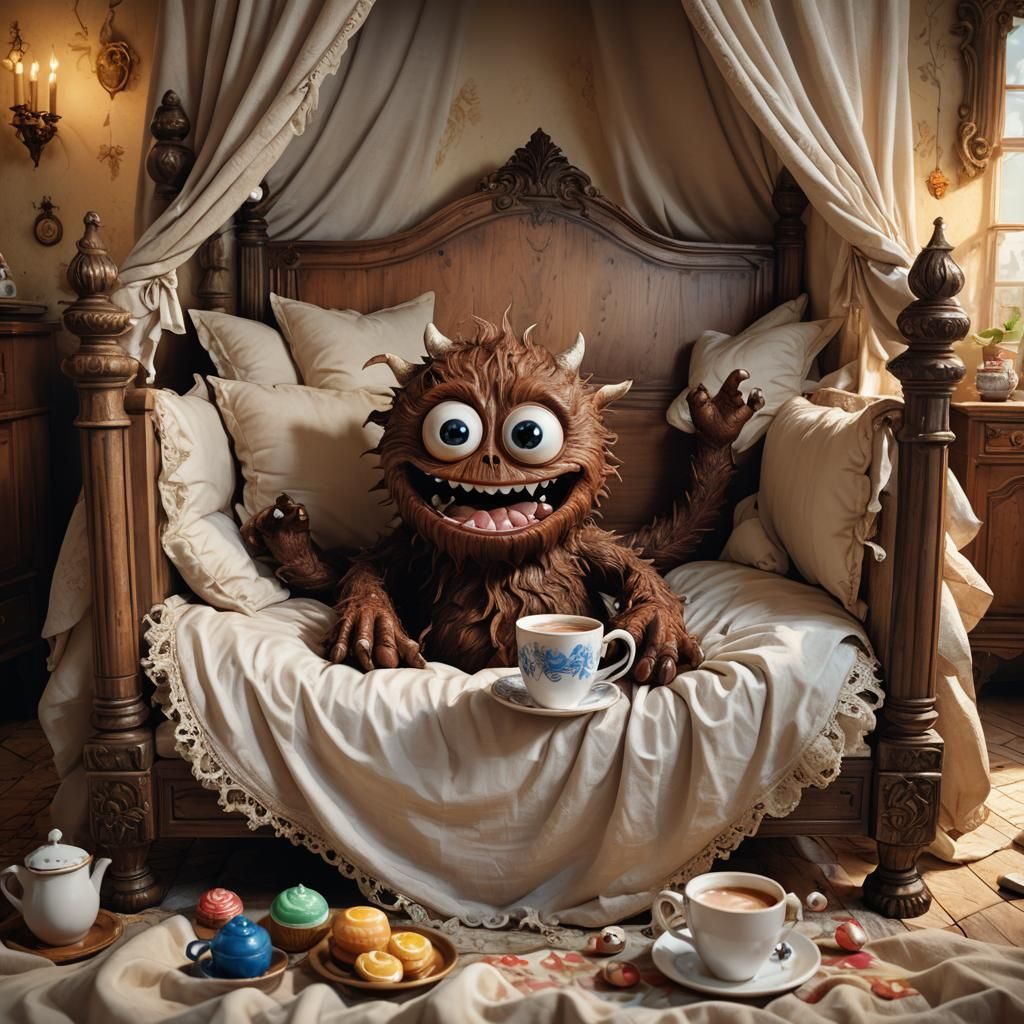 Cute Baby Monster Reaching for Hot Chocolate