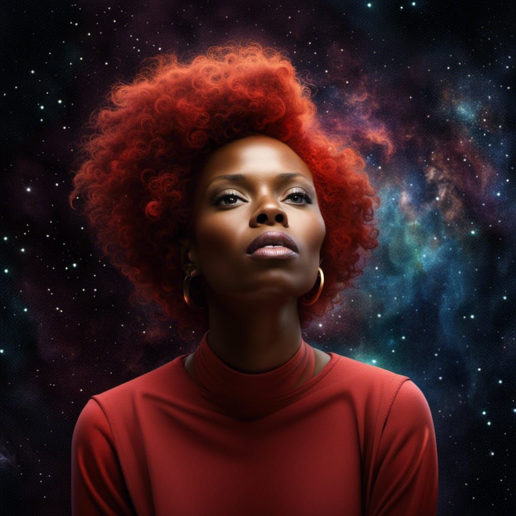 Cosmic Redhead: Black Woman Portrait in Space