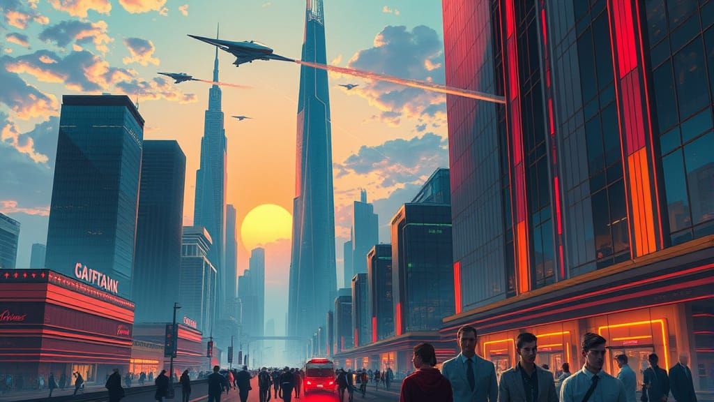 Futuristic Cityscape in Art Nouveau Cyberpunk Style