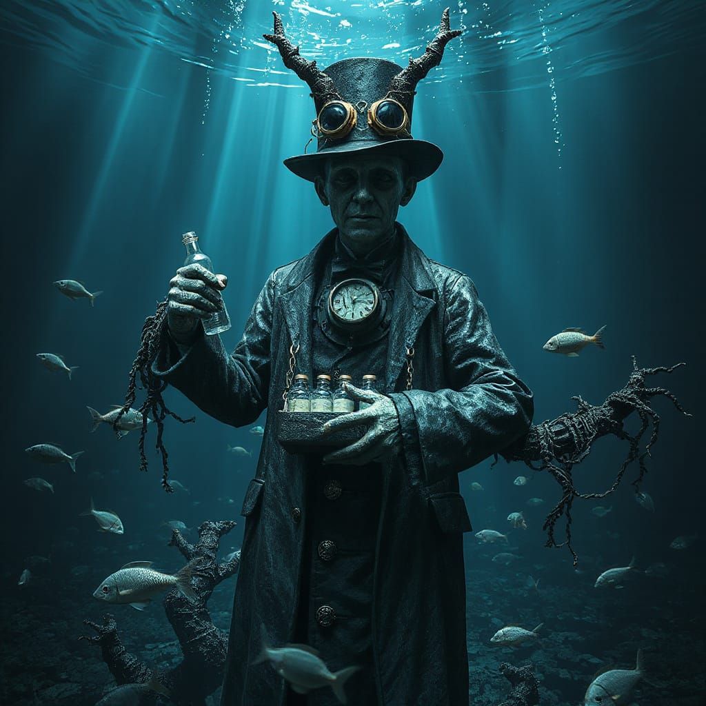 Gothic Clockwork Doctor Statue Submerged in Ocean