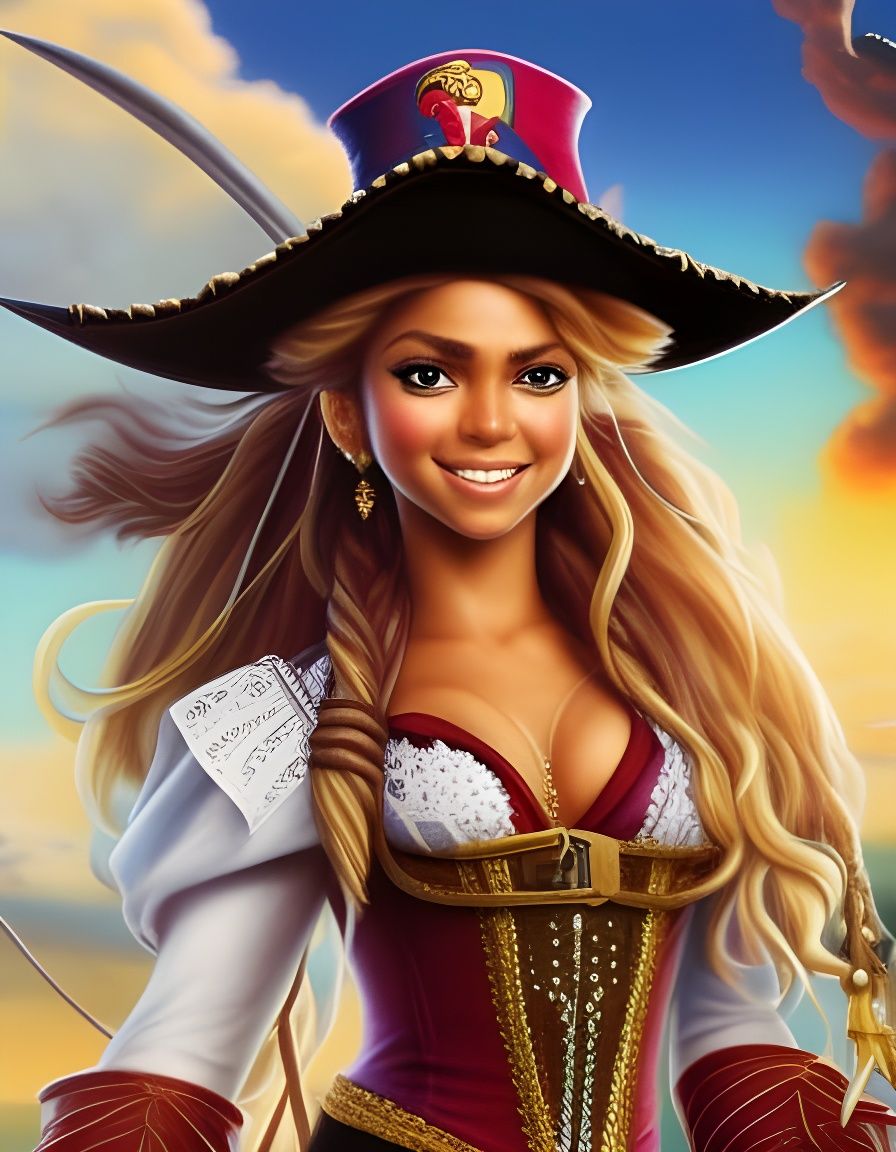 Portrait of shakira as pirate Elizabeth Turner from disney movie "Pirates of the Caribbean". Intricate _details. Elabor...