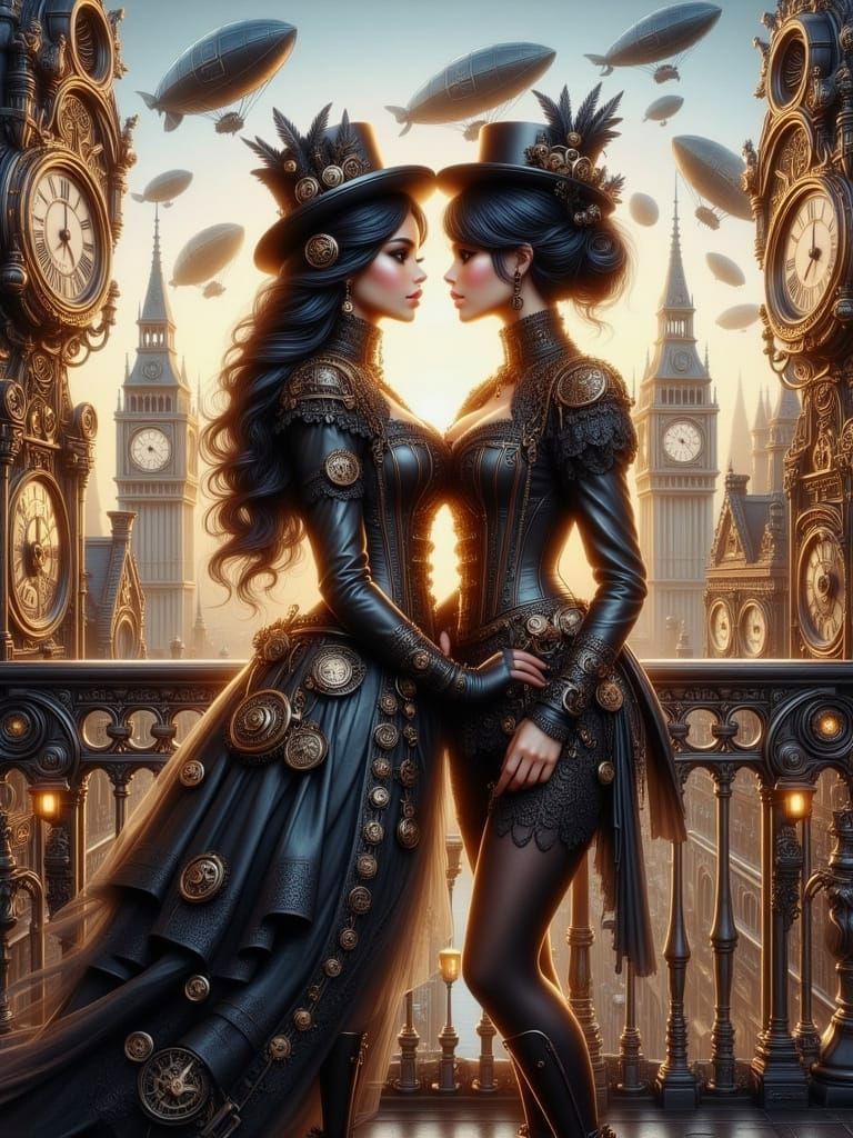 Steampunk Couple's Romantic City Balcony Moment