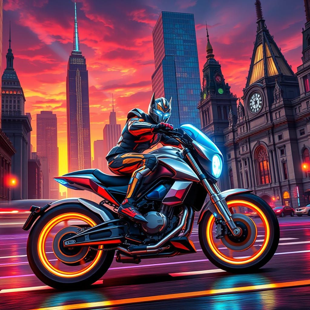 Cyberpunk Autobot Speeds Through Vibrant Stained Glass City....