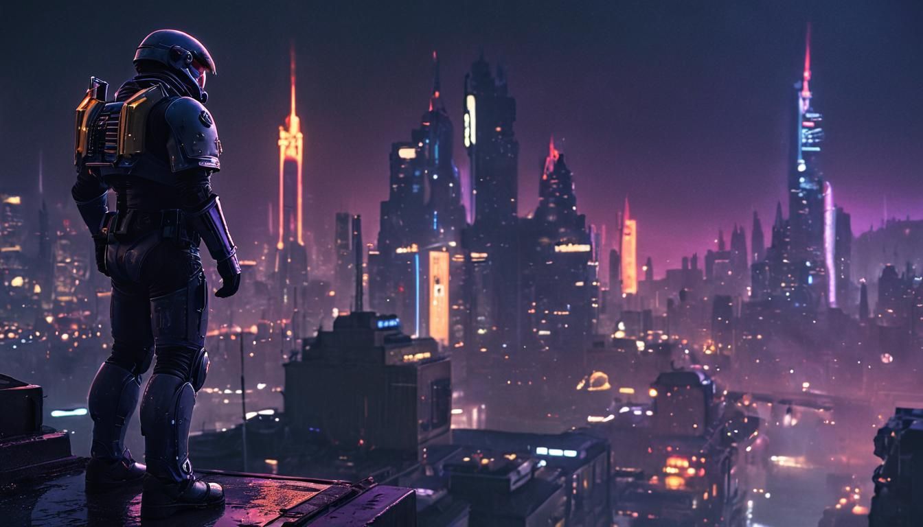 Space Marine Over Neon Cityscape in Cinematic Style
