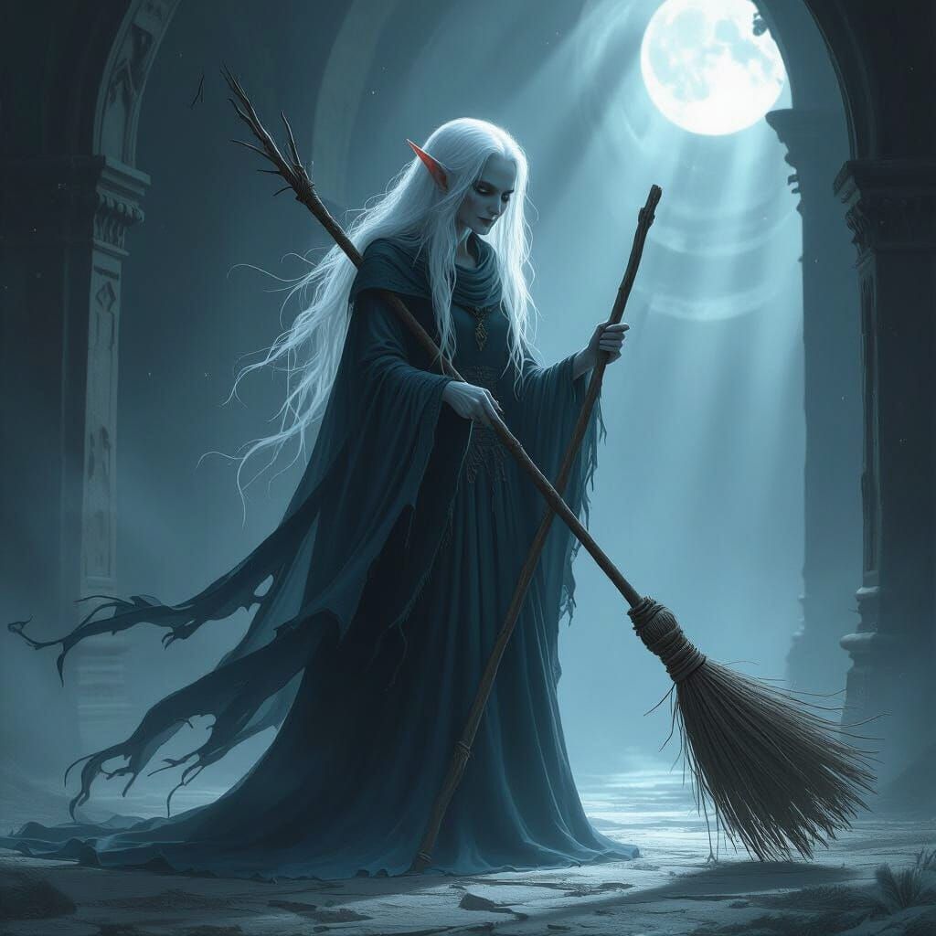 Ethereal Ghost Elf Woman with Broom in Moonlit Chamber