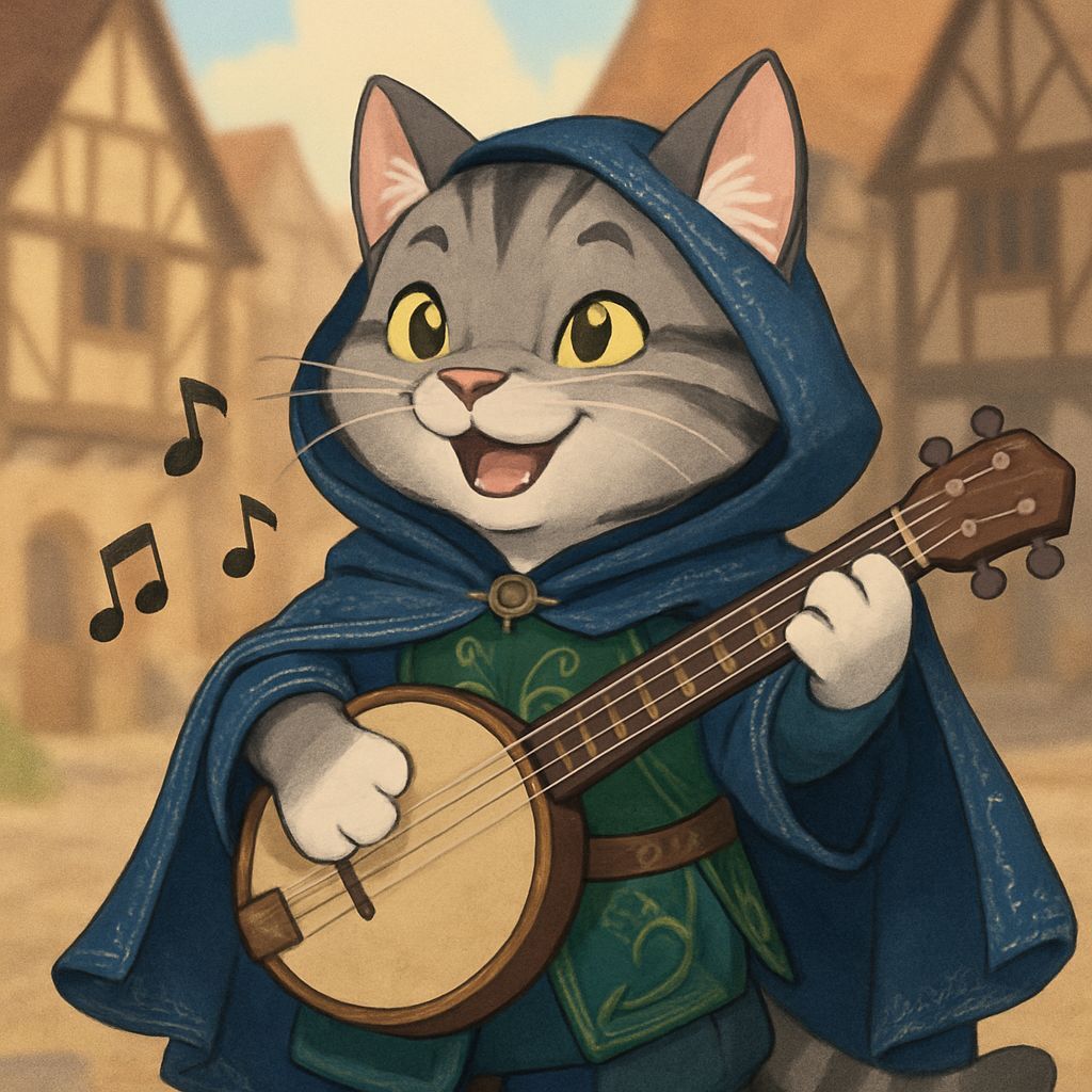 Charming Tabaxi Bard Strums Banjo Under Starry Medieval Skie...