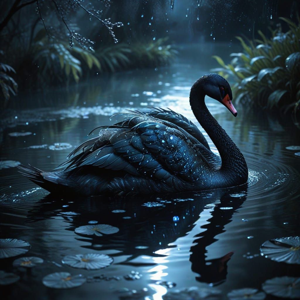 Black Swan in Sapphire Moonlight Lake