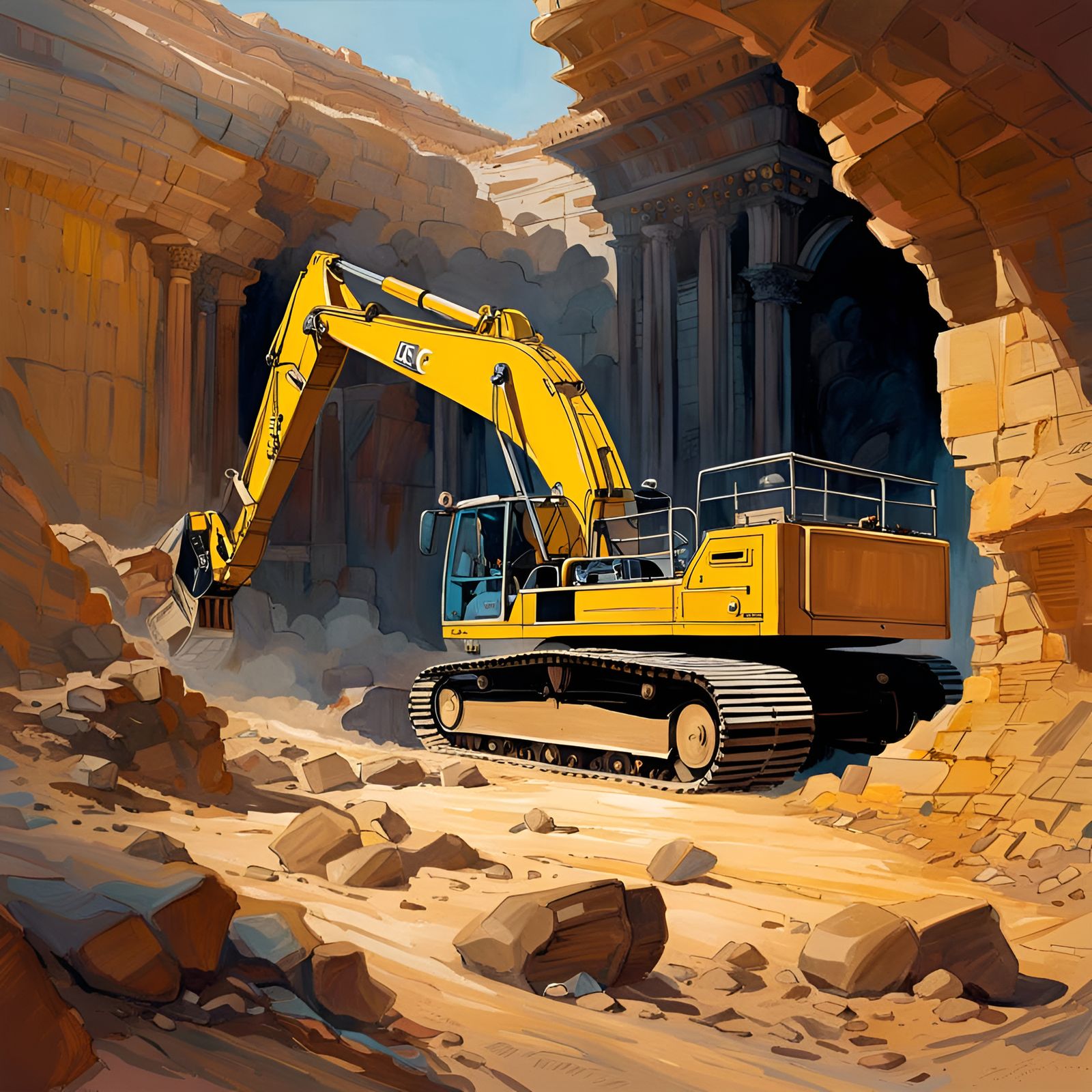 Archeology dig site excavator under the ground