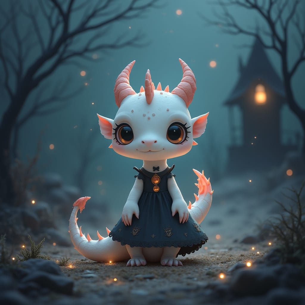 Kawaii Dragon in Spooky Wednesday Dress on Desolate Stage