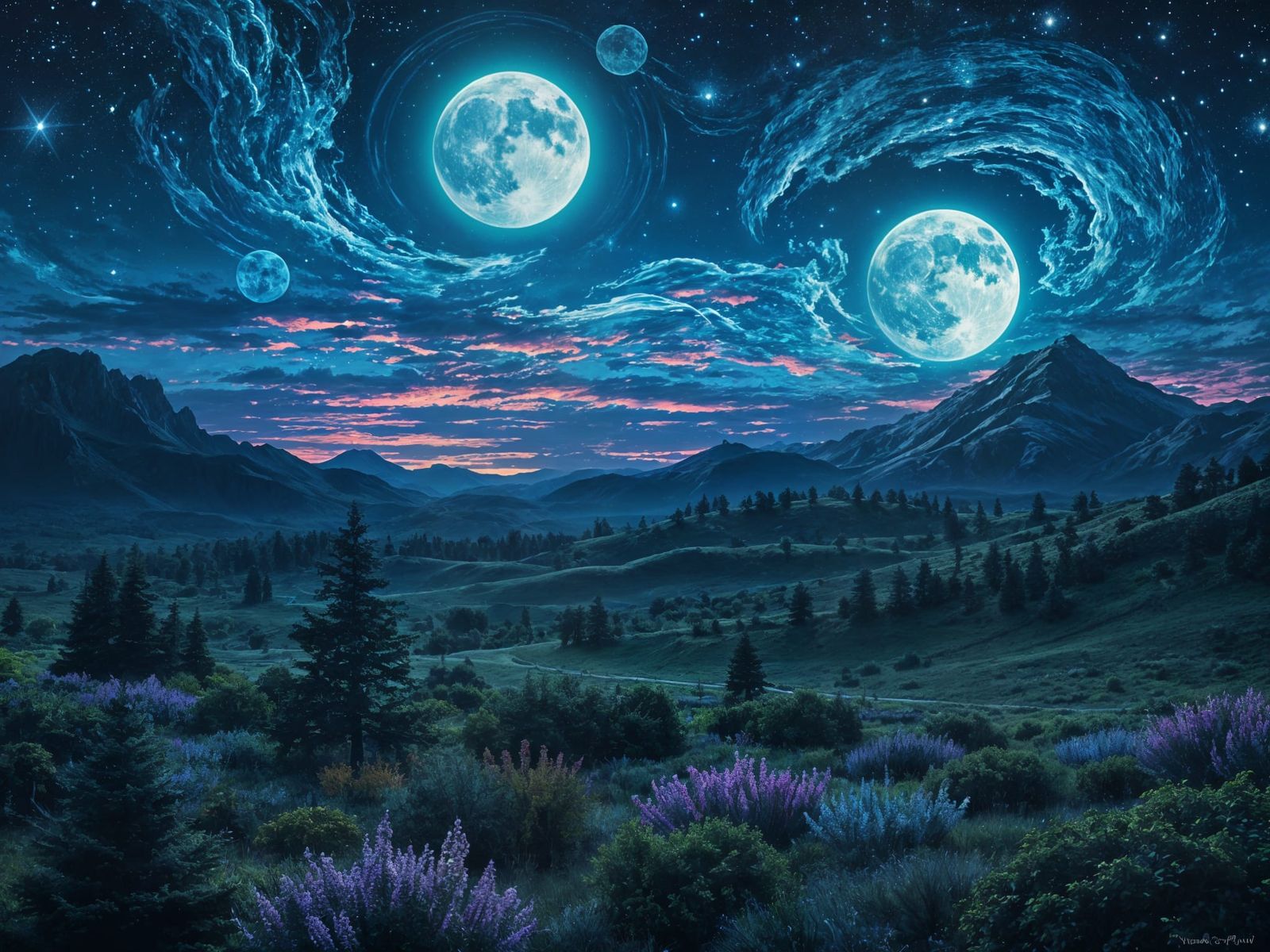 Magical High Fantasy Landscape with Twin Moons