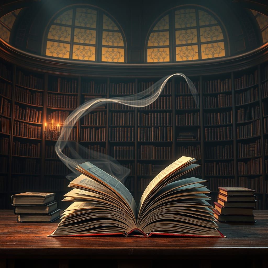 Grand Library with Wind-Blown Pages in Digital Art