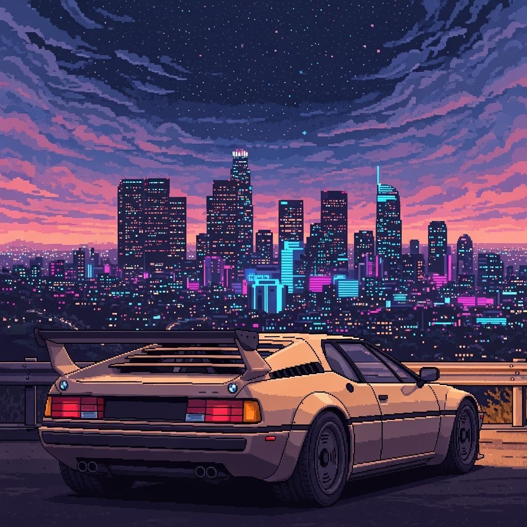 BMW M1 Procar at Mulholland Overlook in Pixel Art