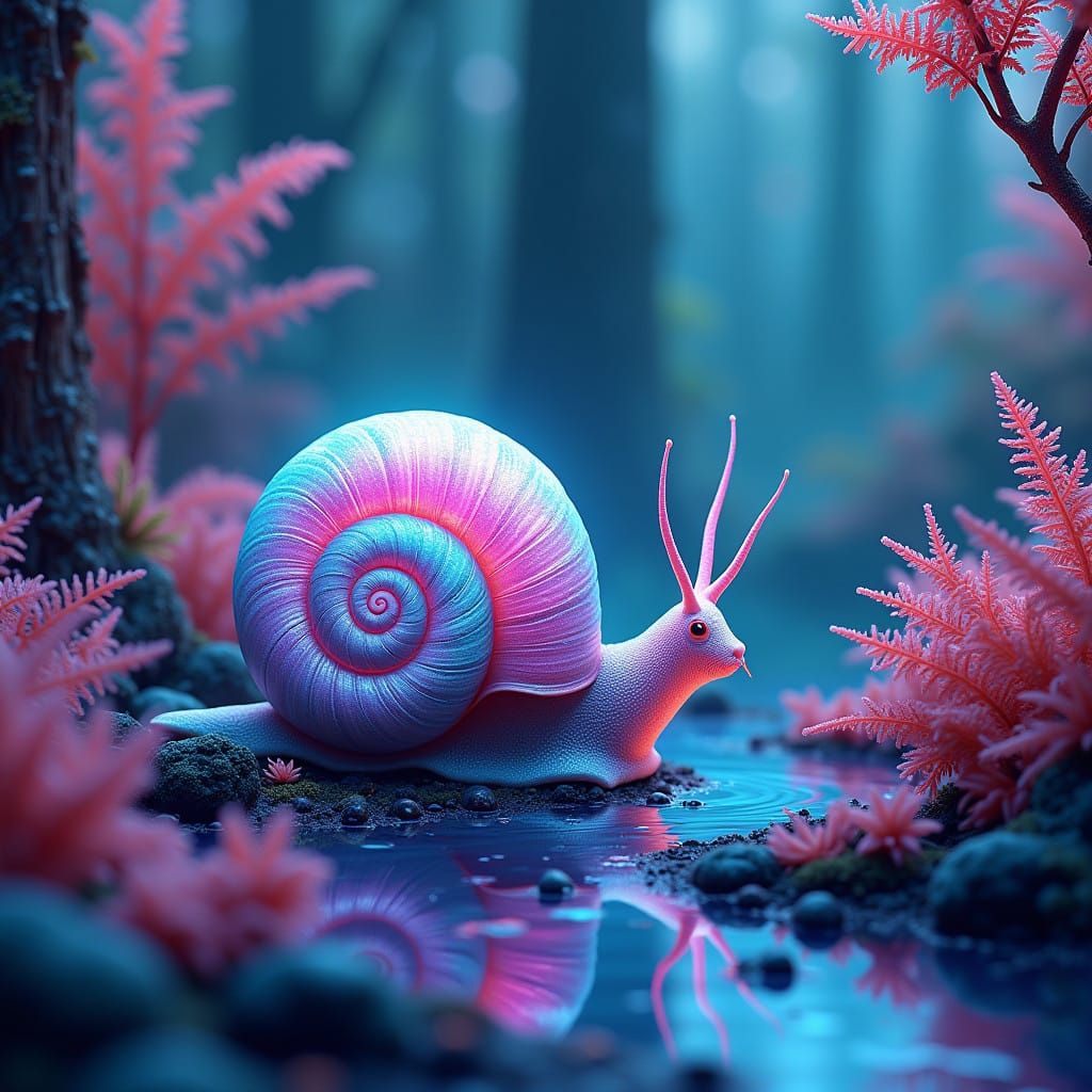 Ethereal Snail in Opalescent Neon Ammonite Forest