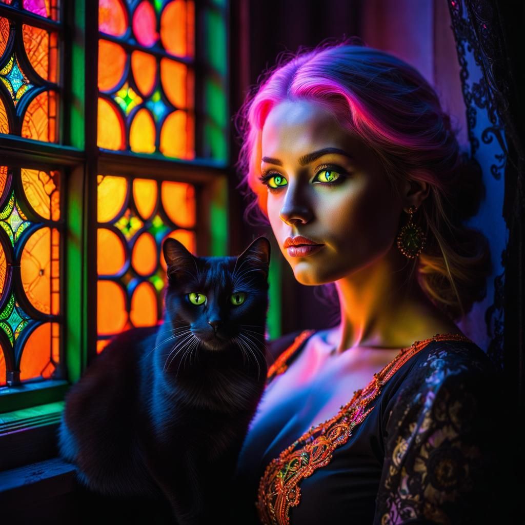Striking UV Portrait of Woman and Cat
