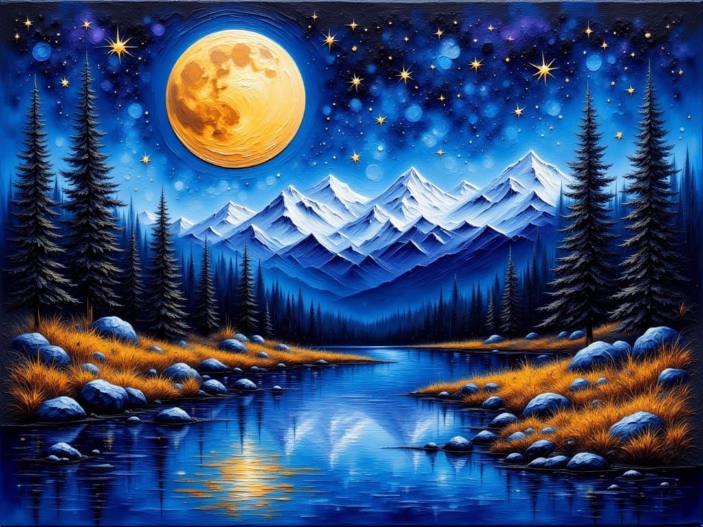 Midnight River Reflecting Blood Moon as Impasto Painting