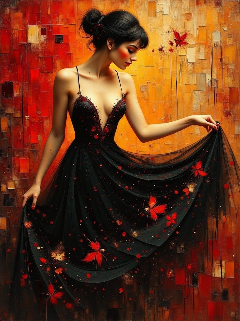 Spanish Dancer in Klimt Style with Red and Black Hues