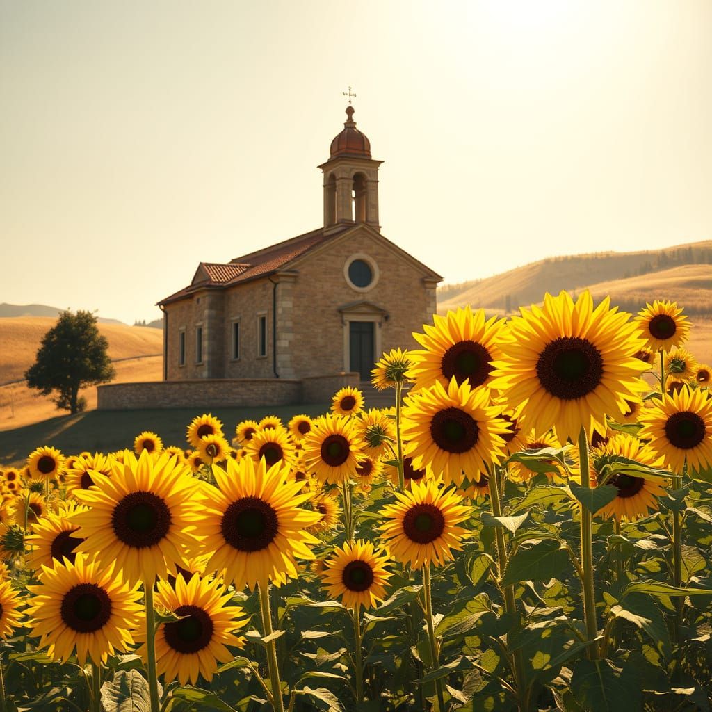 Majestic Church Amongst Vibrant Sunflowers in a Golden-Hour ...