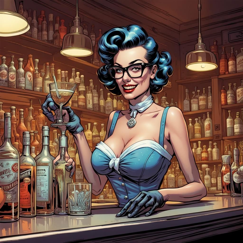 1950s Pinup Bartender Serves Skeletons: Comic Book Art