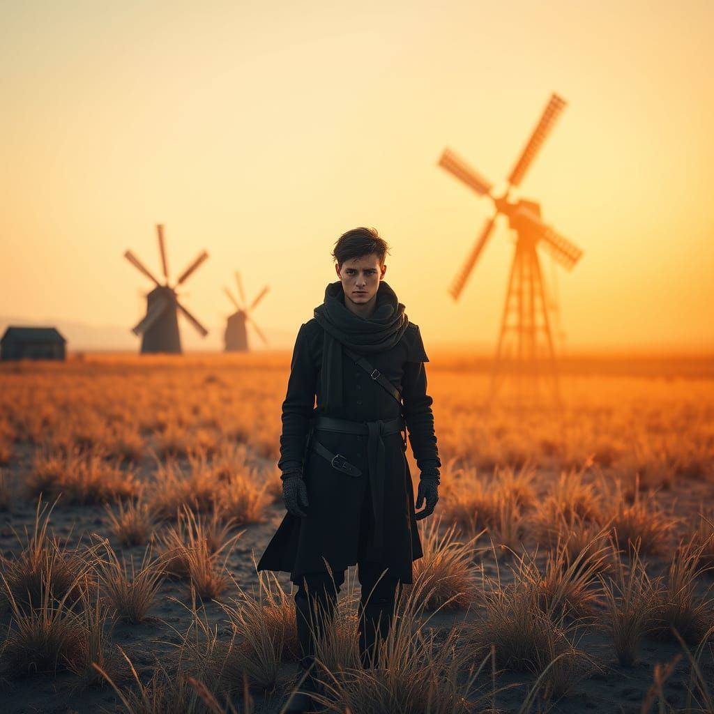Lone Figure Amidst Barren Landscape with Ancient Windmills