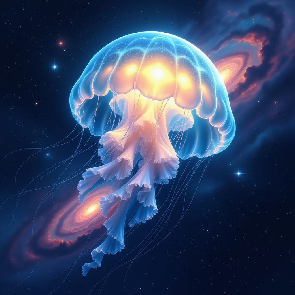 Bioluminescent Jellyfish Drifting Through Space, Sci-Fi Illu...