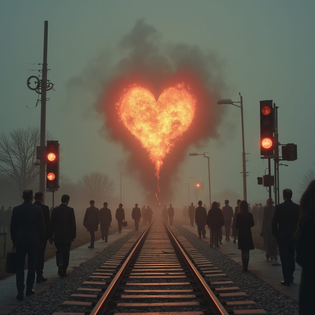 Surreal Exploding Heart at Train Crossing, Magritte Style