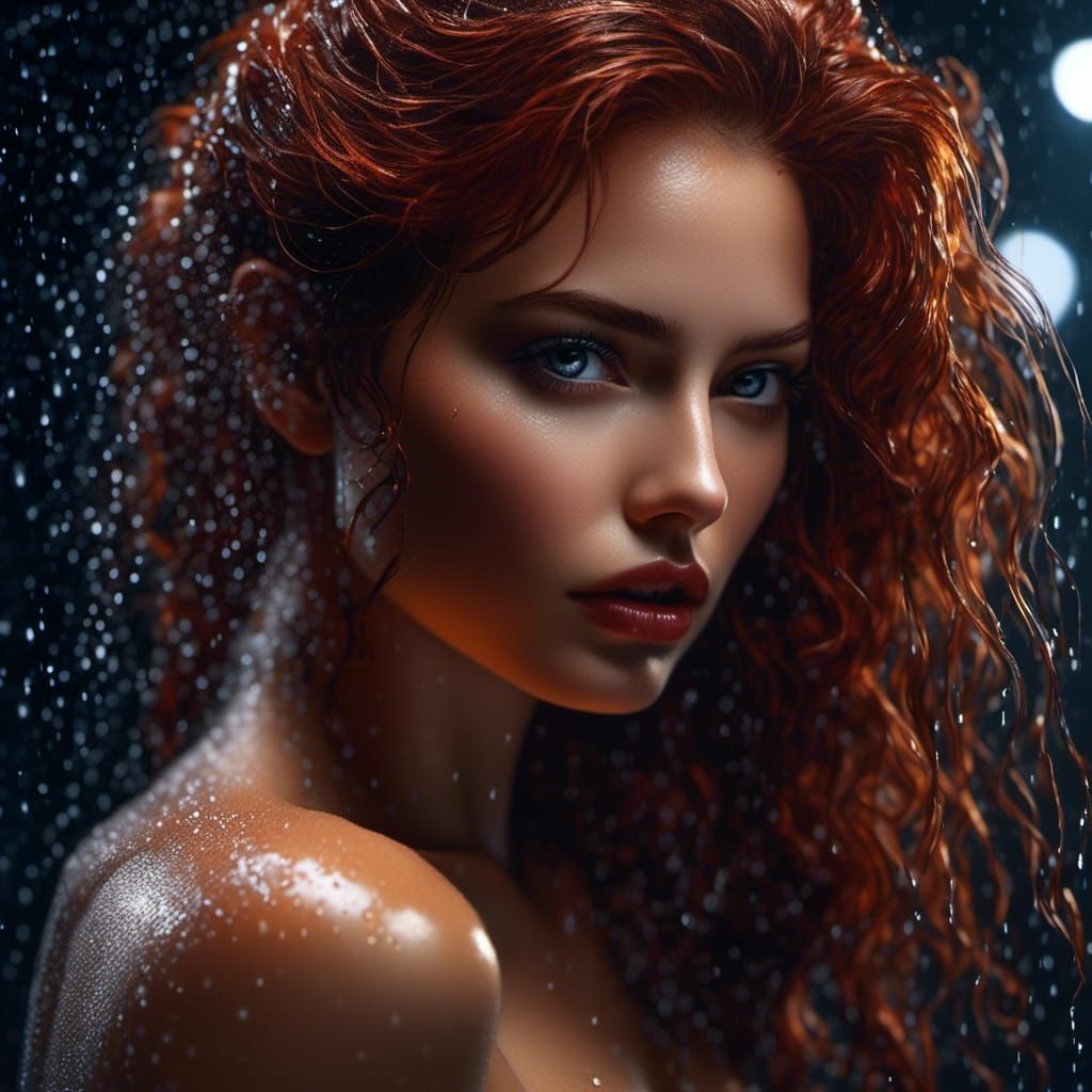 Hyperrealistic Portrait of a Redhead Stepping from Tub