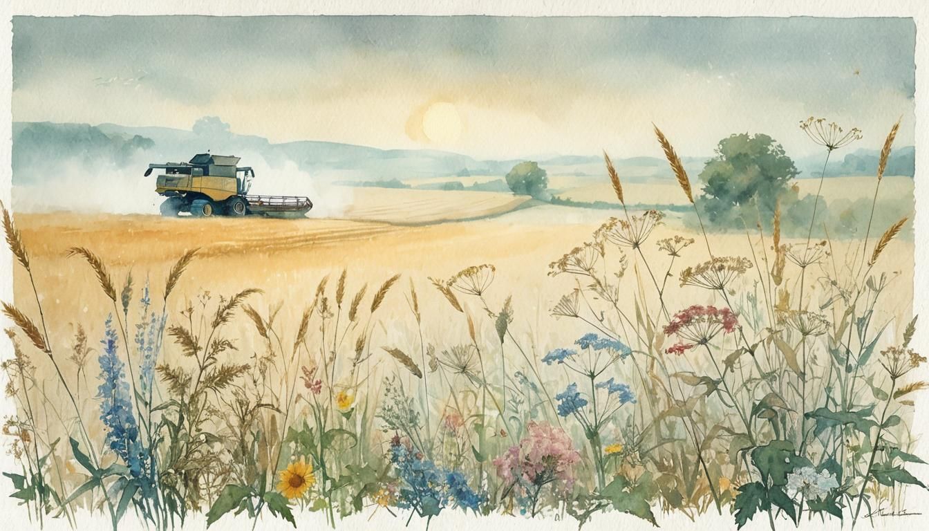 Watercolor Combine Harvester in Golden Wheat Fields