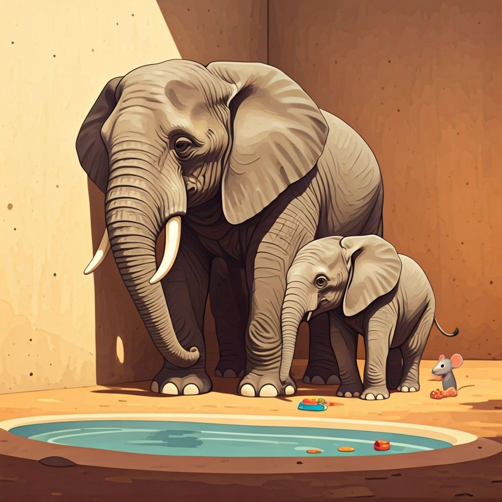 Elephant Family in Zoo, Hand-Drawn Cartoon Style