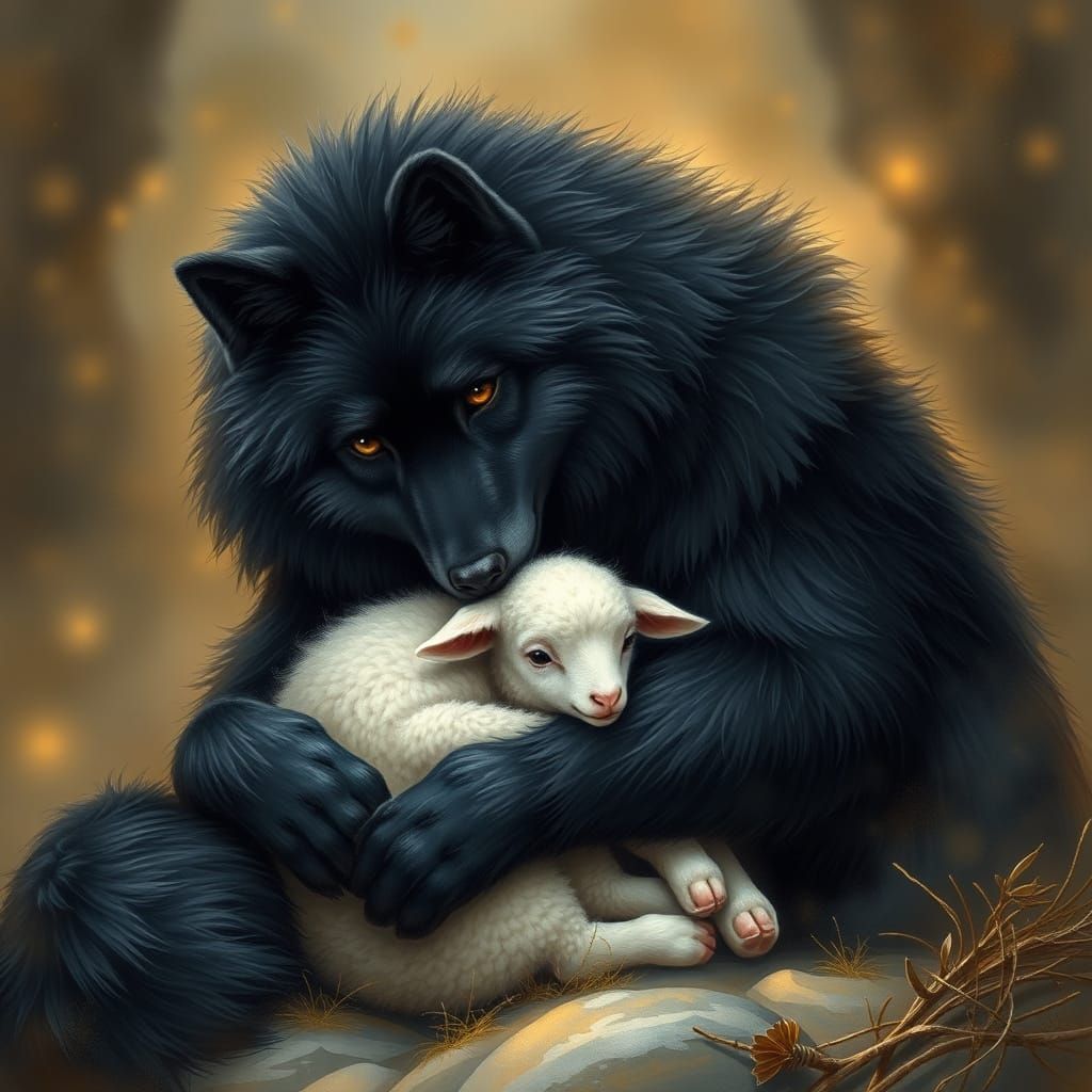 Wolf Cuddles Lost Lamb in Ethereal Landscape