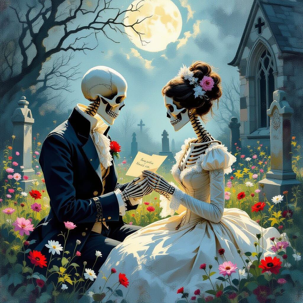 Eerie Skeletal Lovers in Moonlit Churchyard