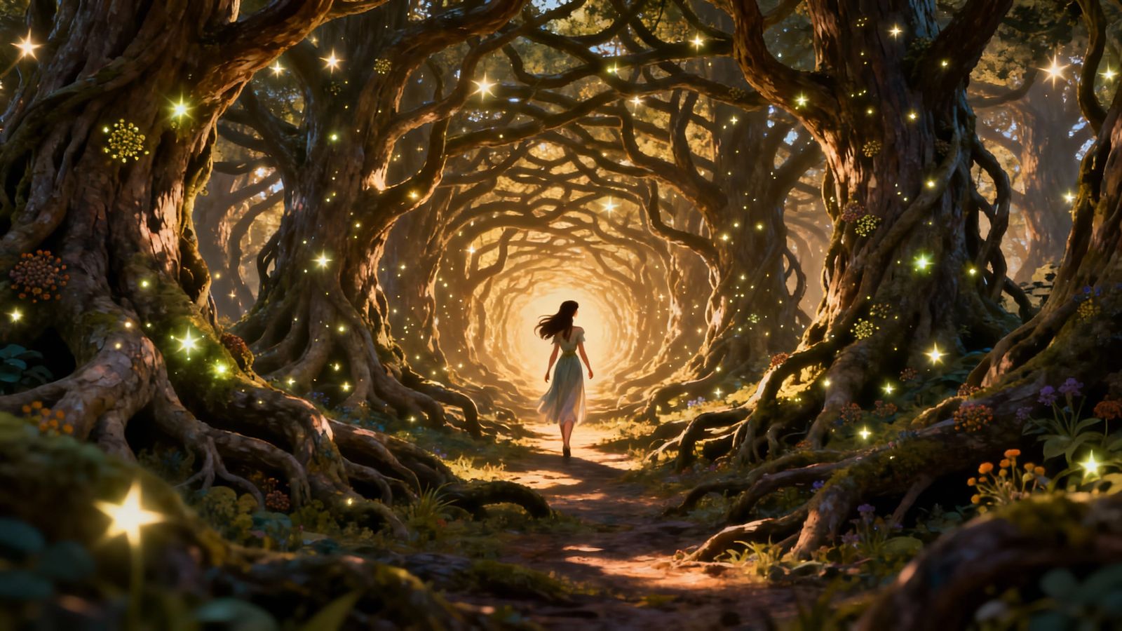 Mystical Forest Lady Walking on Starlight in Hyperbolic Maze