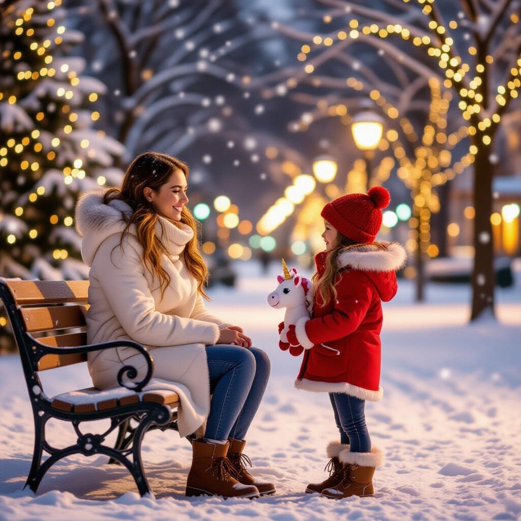 Christmas Park Scene: Woman and Girl with Unicorn Toy