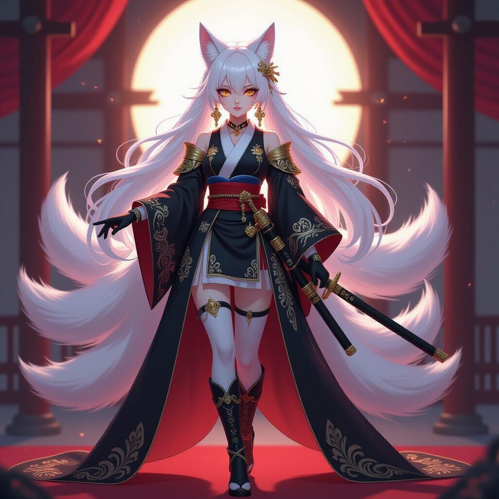 Anime Kitsune Admiral with Golden Eyes and Crimson Kimono