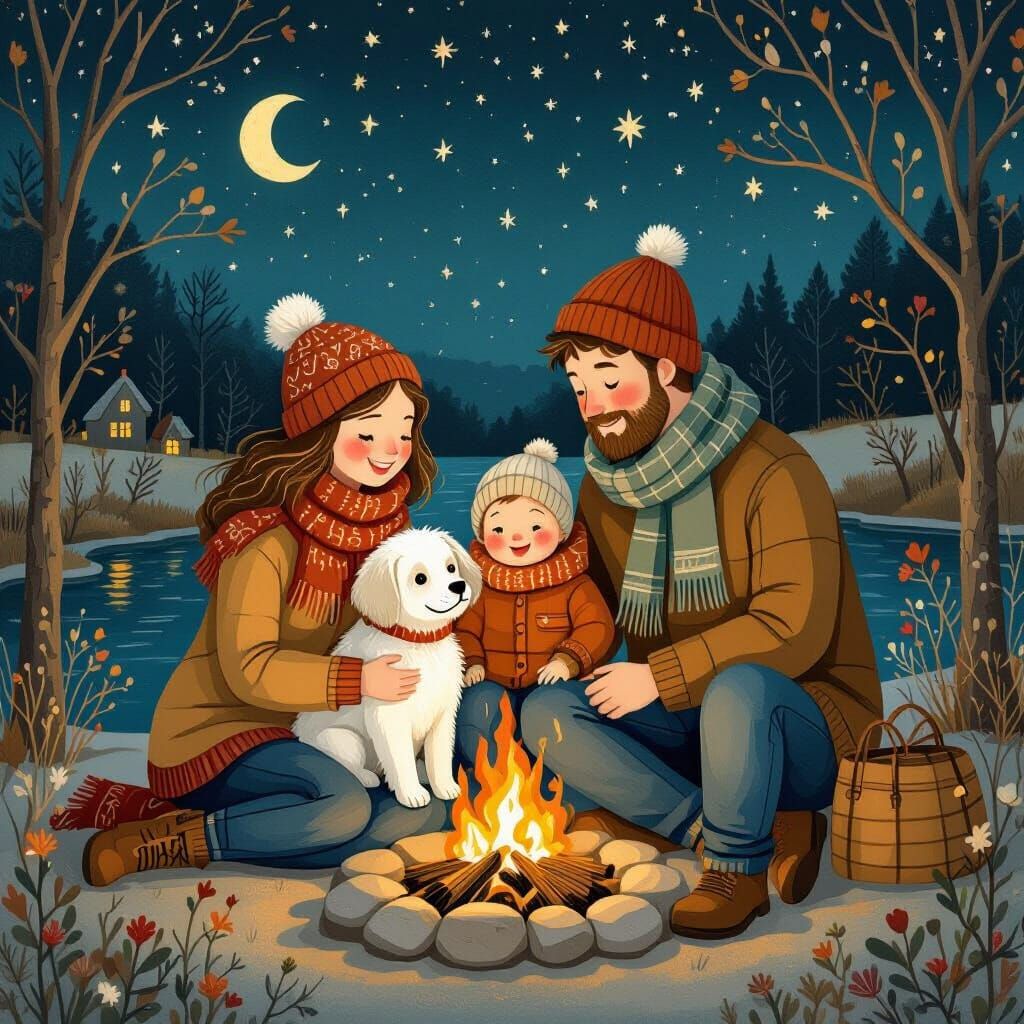 Cozy Family Scene by Canal in Folk Art Style