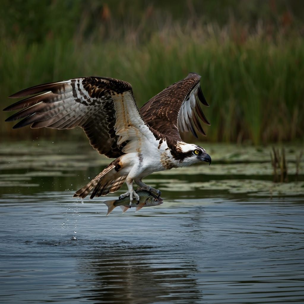 Osprey in Flight Over Serene Lake with Fresh Catch