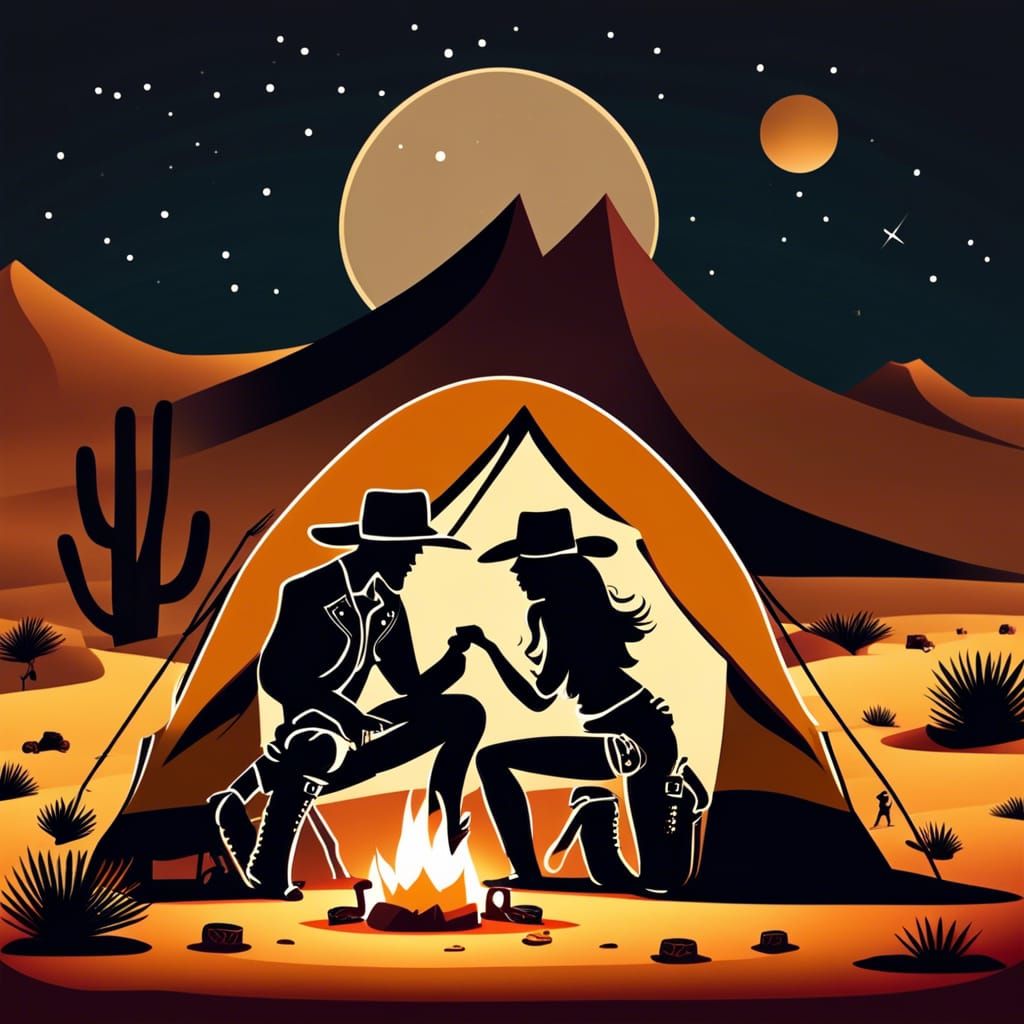 Cowboy and Cowgirl Camp in Desert Night
