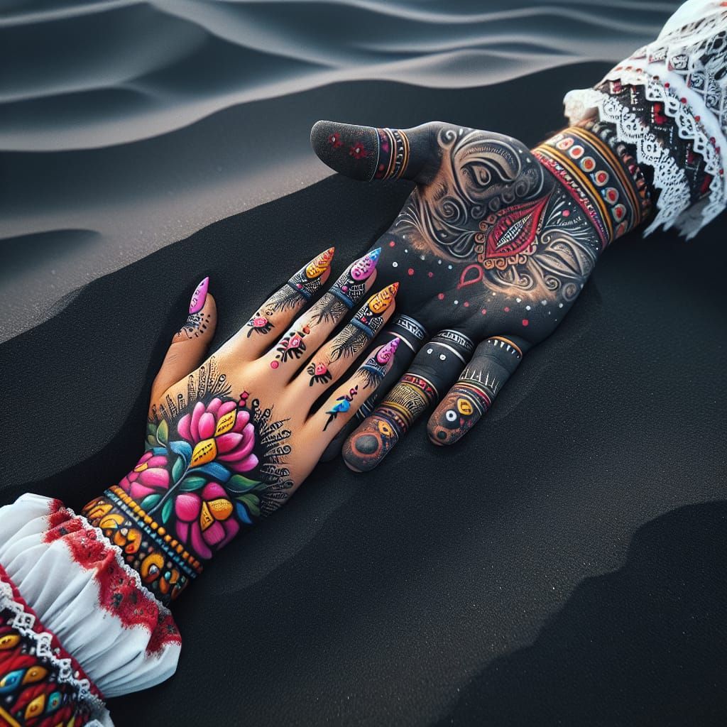 Romani Woman Reaches Out in Unity Amid Desert Sands