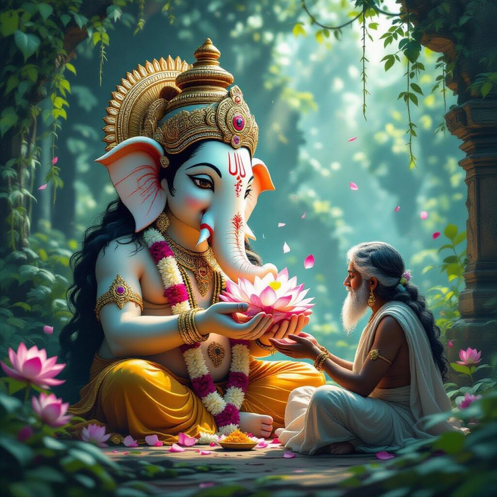 Ganesh Offers Lotus to Elder in Jungle Temple