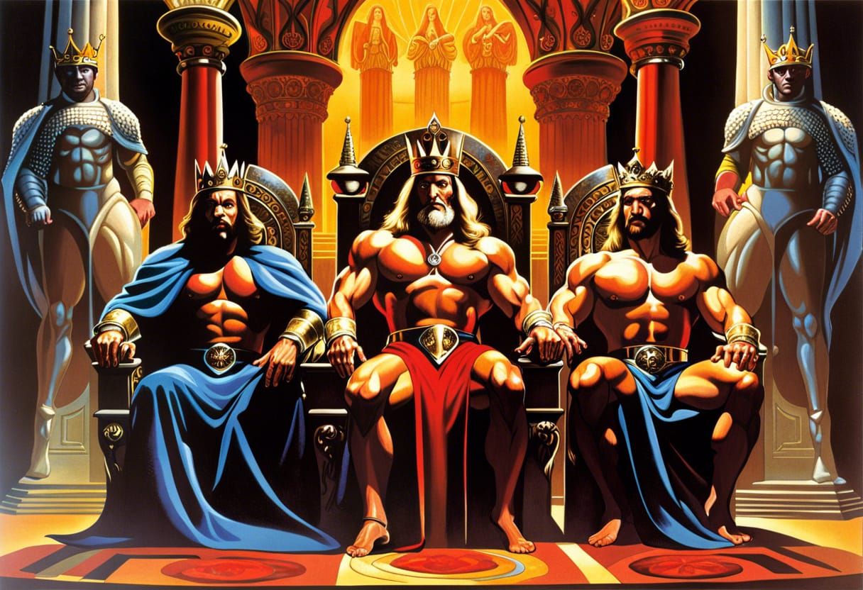 Three Kings in Stone Throne Room, Oil Painting