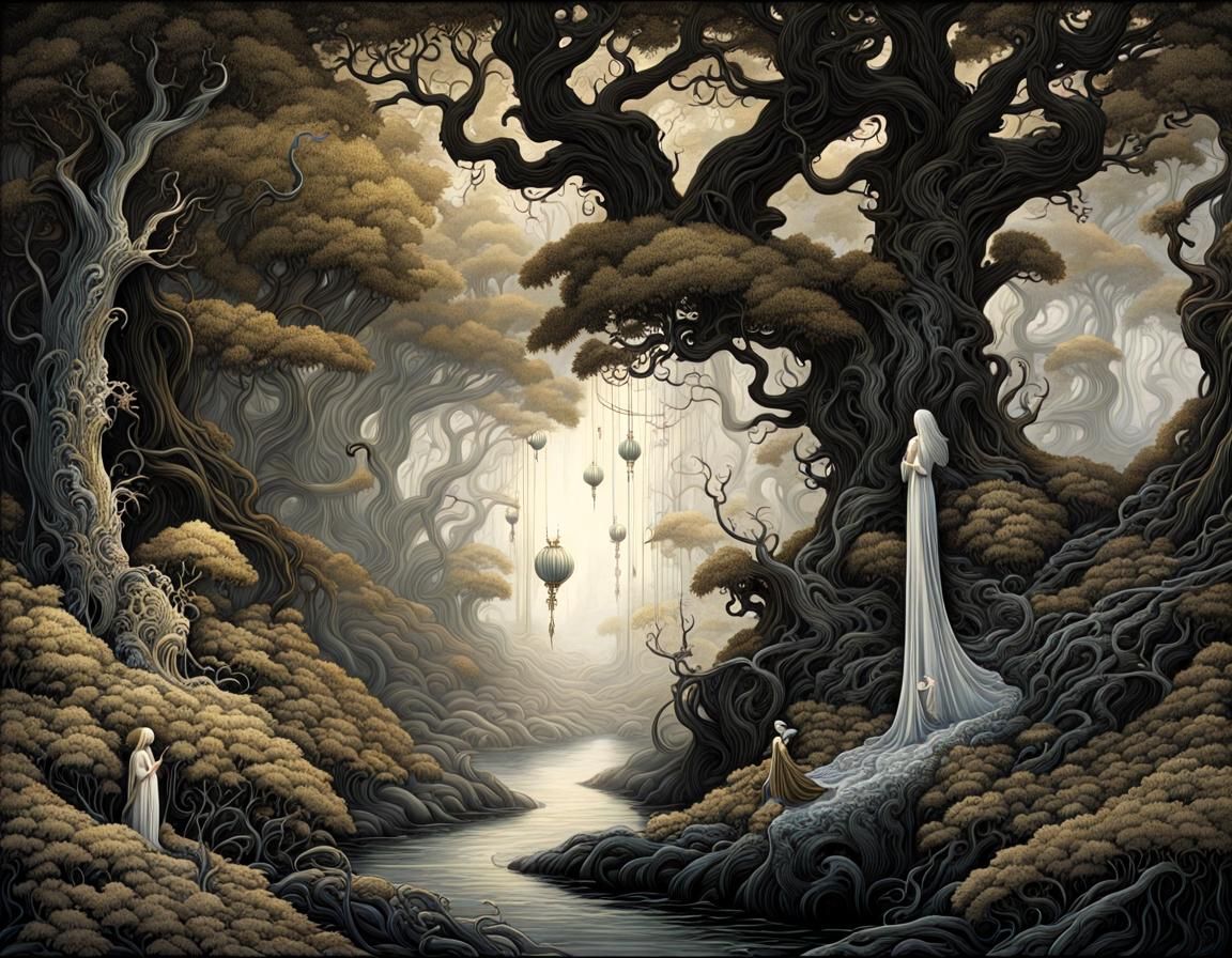 Magical Forest Scene with Wizards in Chiaroscuro