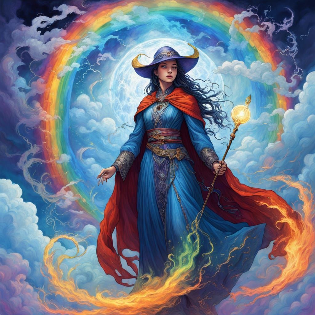 Rainbow Mist Sorceress Emerging From Clouds